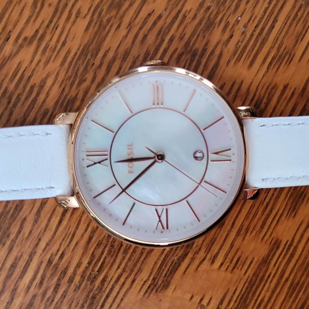 Fossil Jacqueline Date Leather Watch White & Rose Gold